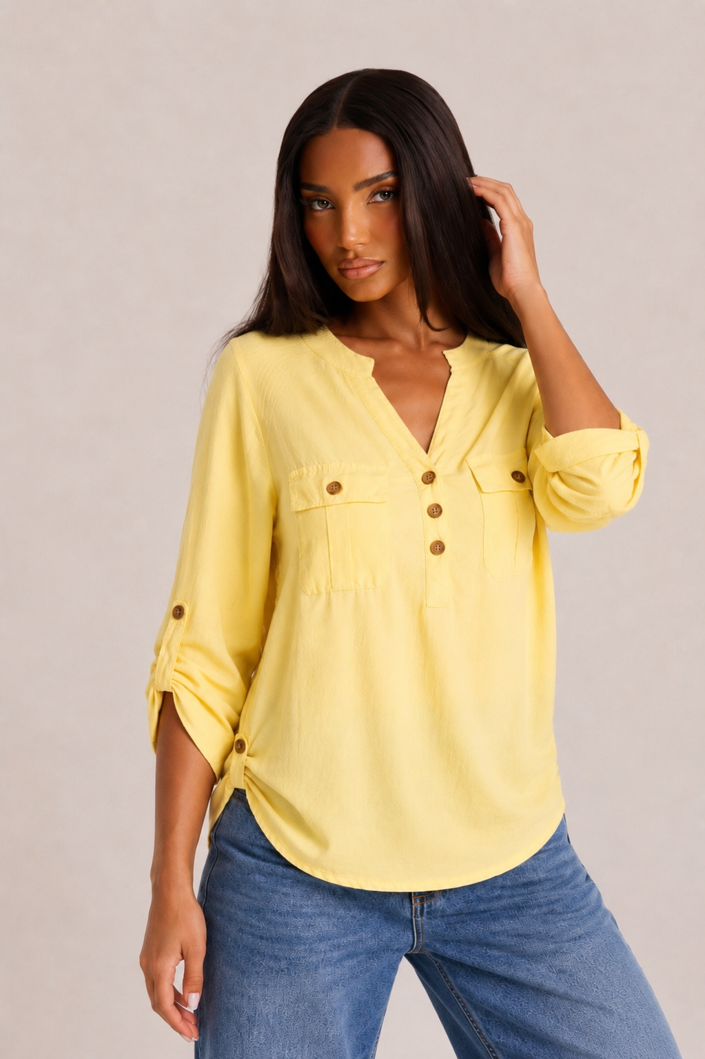 Utility Pocket Roll-Sleeve Blouse