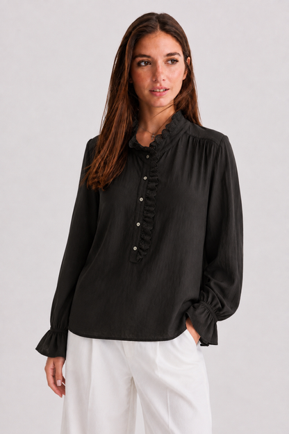 Ruffle-Trim Eyelet Placket Blouse