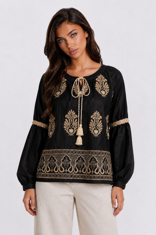 Isla Embroidered Black Shirt