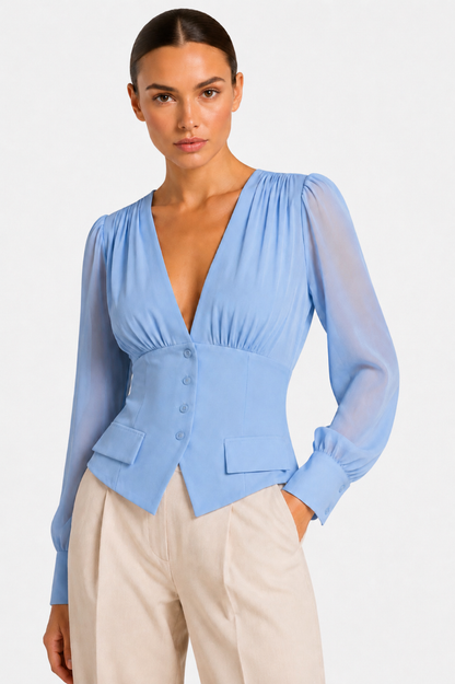 Blue Corset Sheer Sleeve Blouse