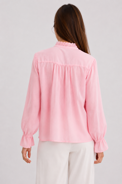 Ruffle-Trim Eyelet Placket Blouse