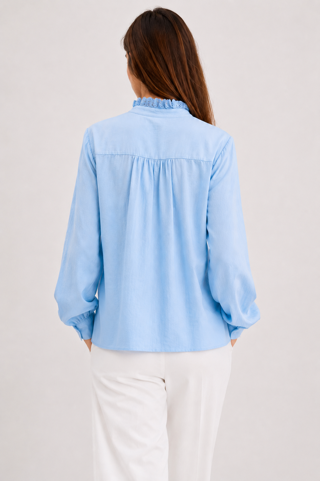 Ruffle-Trim Eyelet Placket Blouse