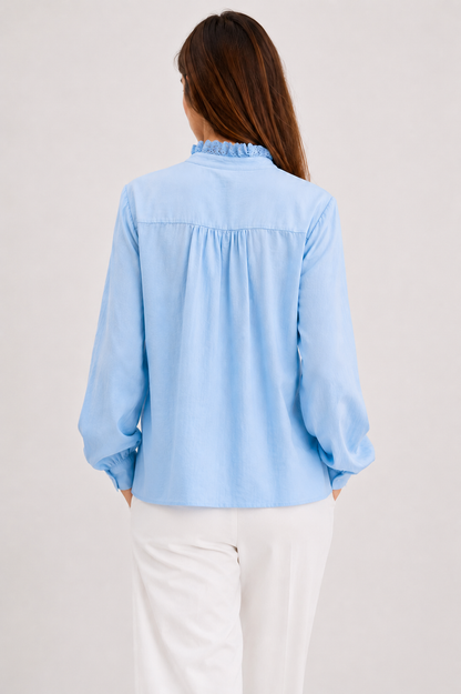 Ruffle-Trim Eyelet Placket Blouse