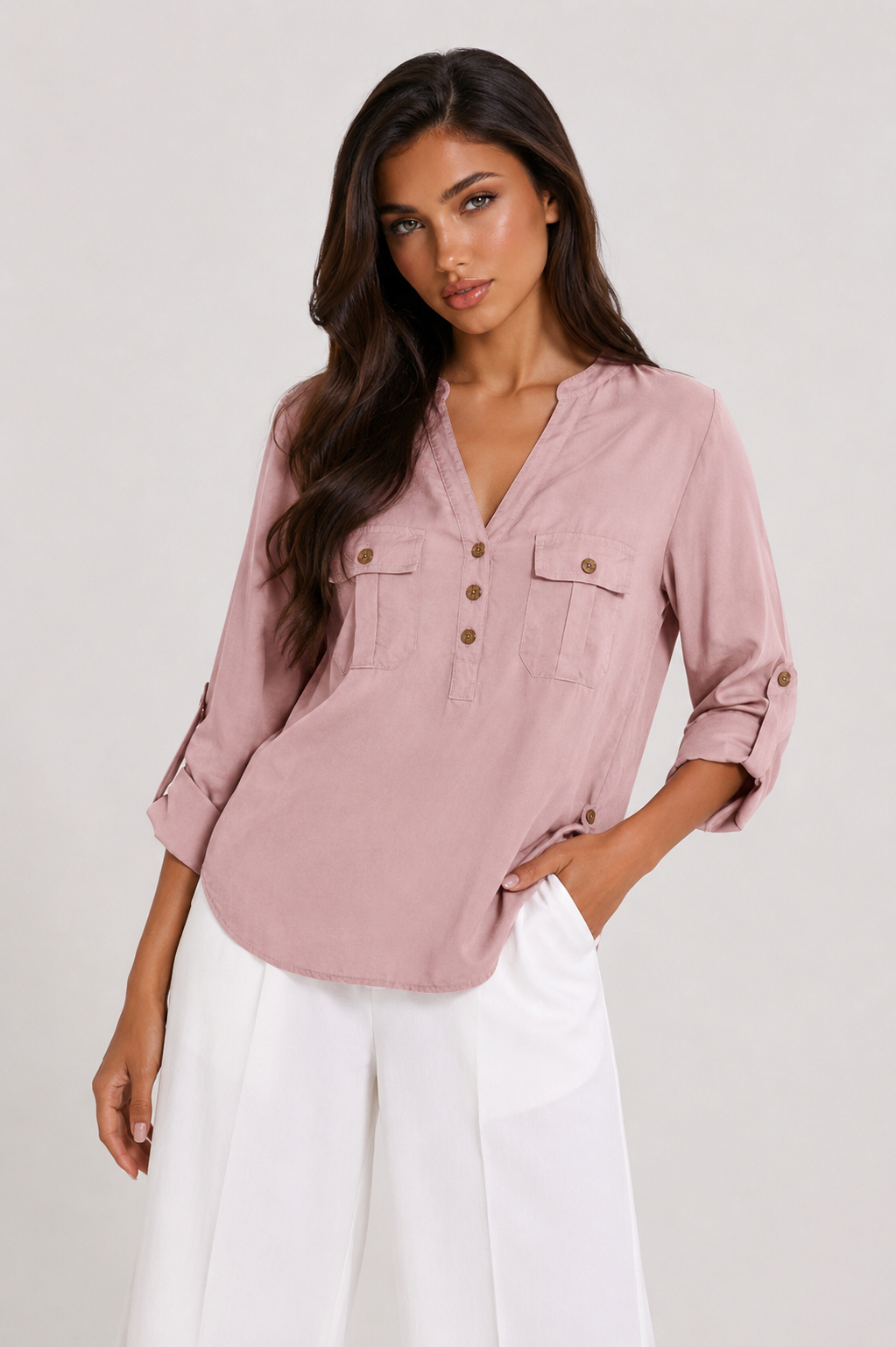 Utility Pocket Roll-Sleeve Blouse