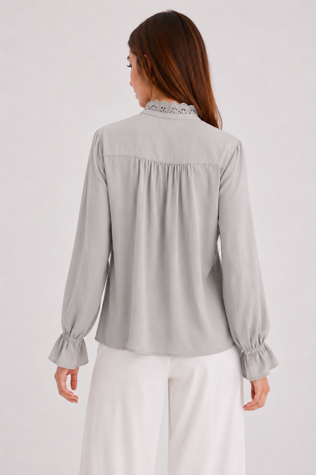 Ruffle-Trim Eyelet Placket Blouse