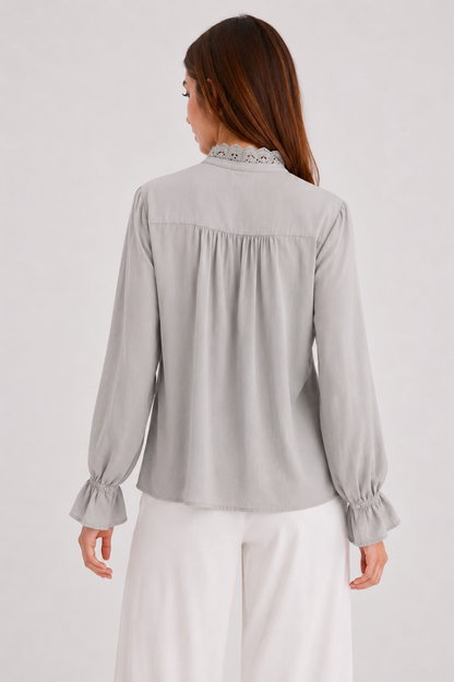 Ruffle-Trim Eyelet Placket Blouse