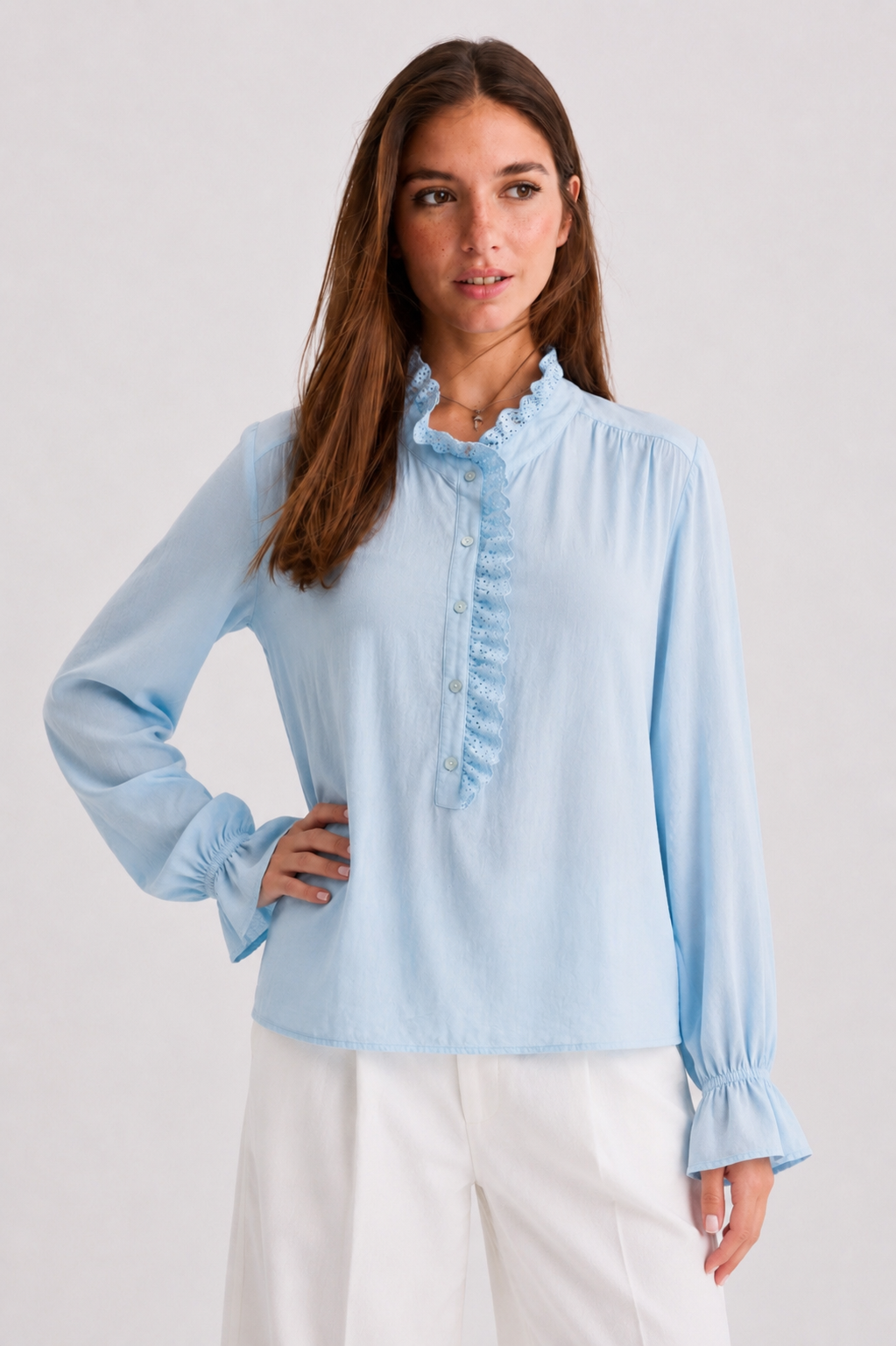 Ruffle-Trim Eyelet Placket Blouse