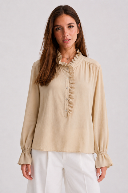 Ruffle-Trim Eyelet Placket Blouse