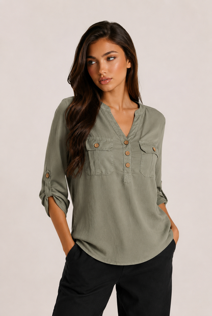 Utility Pocket Roll-Sleeve Blouse