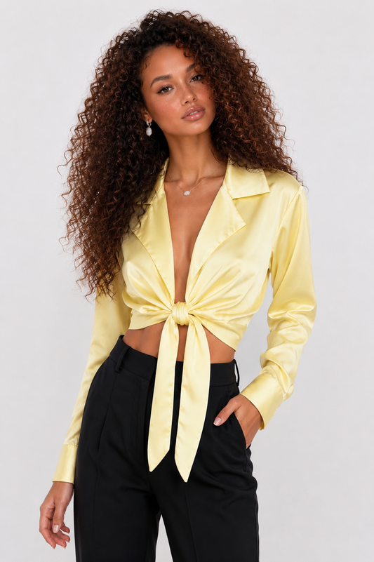 Yellow satin tie-front blouse
