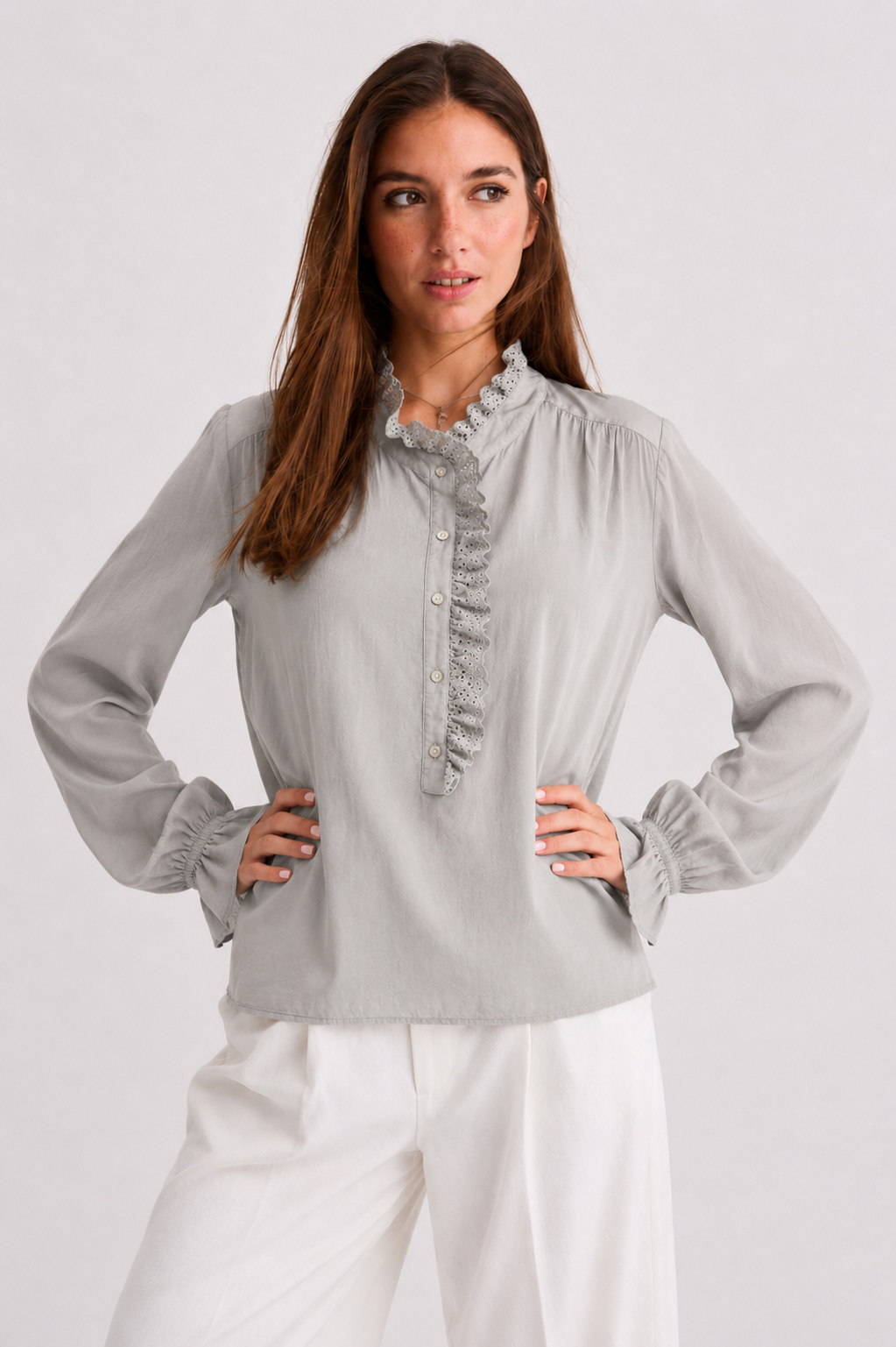 Ruffle-Trim Eyelet Placket Blouse