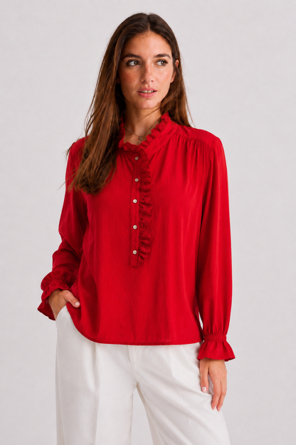 Ruffle-Trim Eyelet Placket Blouse