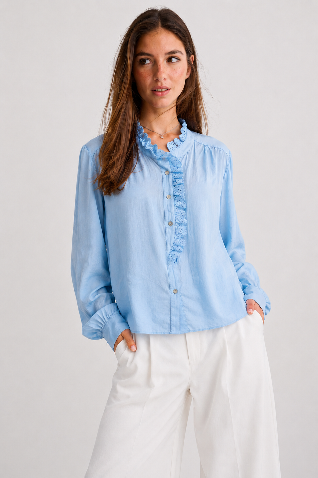 Ruffle-Trim Eyelet Placket Blouse