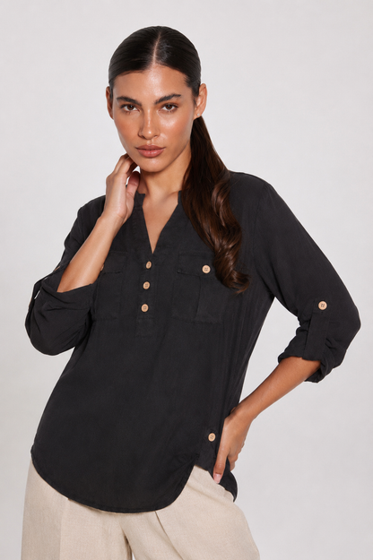 Utility Pocket Roll-Sleeve Blouse