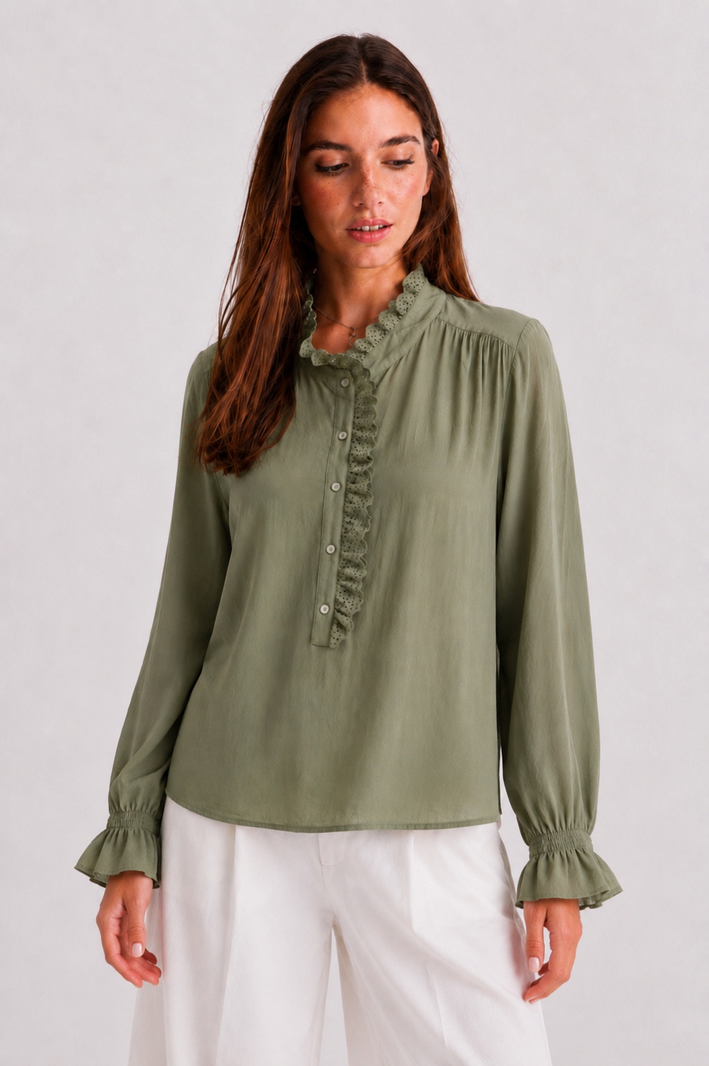 Ruffle-Trim Eyelet Placket Blouse