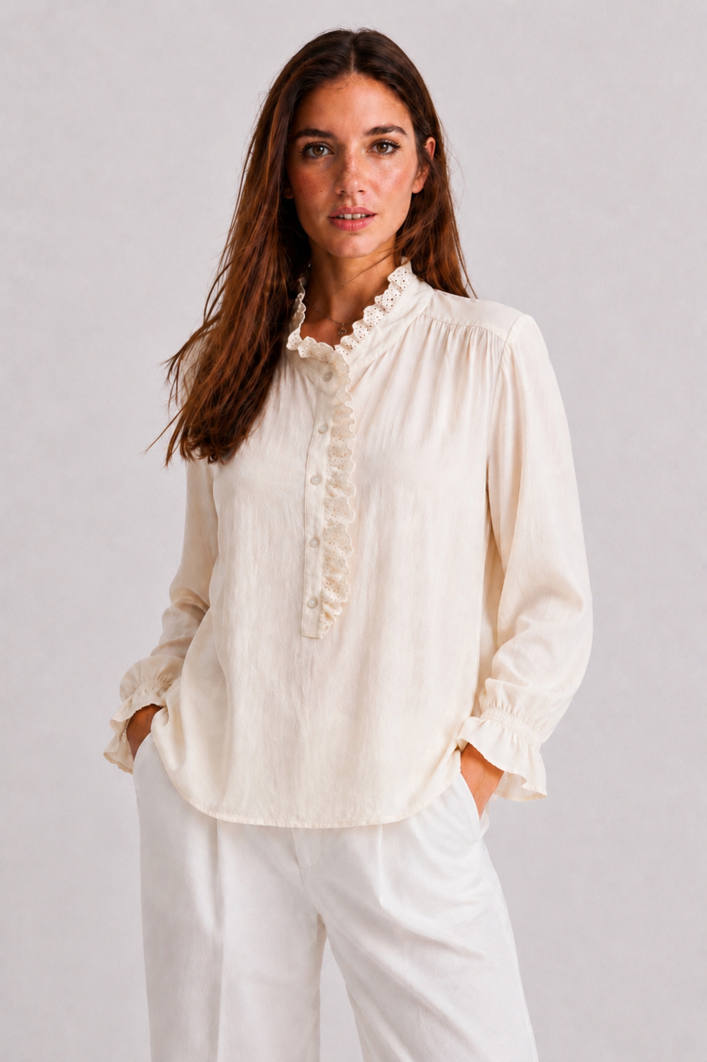 Ruffle-Trim Eyelet Placket Blouse