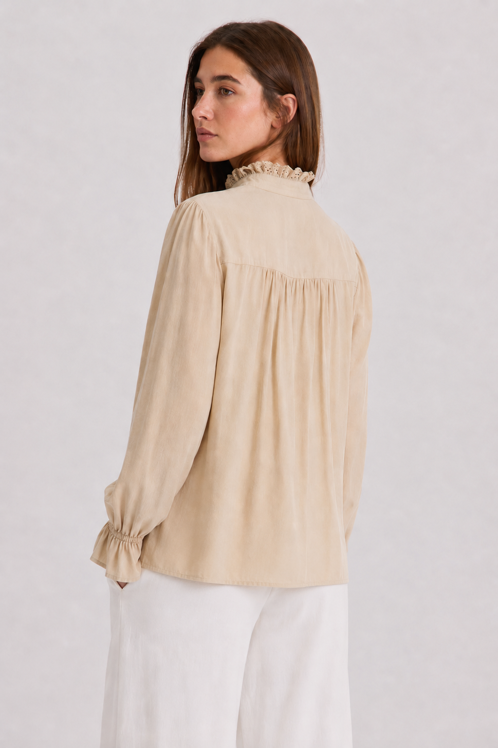 Ruffle-Trim Eyelet Placket Blouse