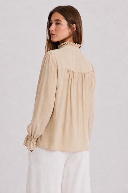 Ruffle-Trim Eyelet Placket Blouse