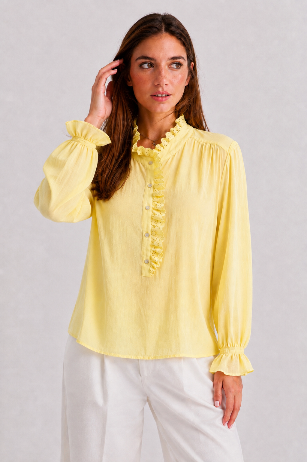Ruffle-Trim Eyelet Placket Blouse