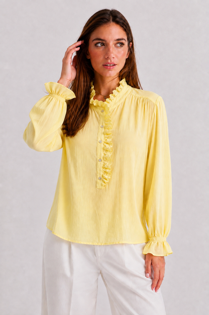 Ruffle-Trim Eyelet Placket Blouse
