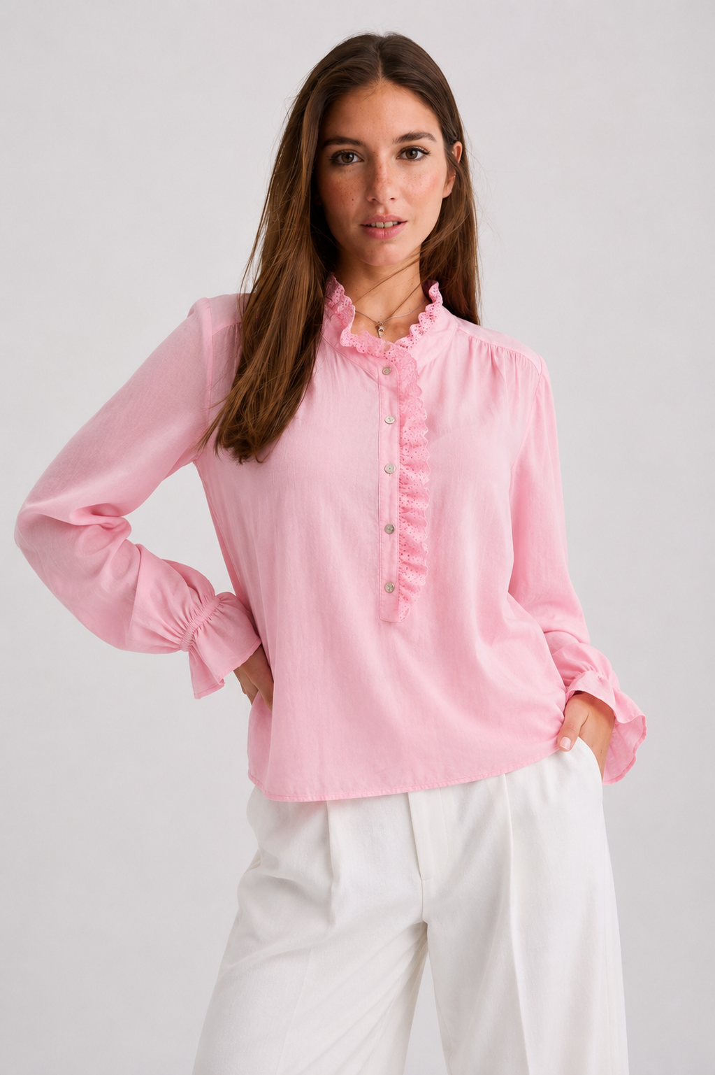 Ruffle-Trim Eyelet Placket Blouse