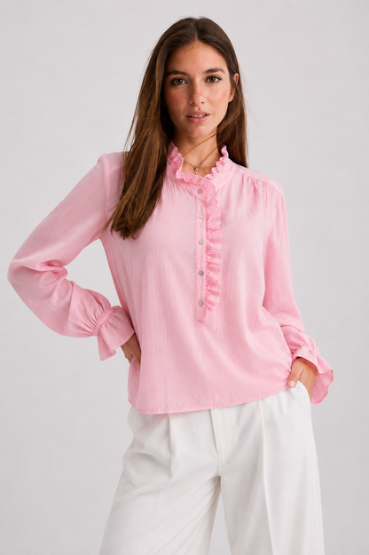 Ruffle-Trim Eyelet Placket Blouse