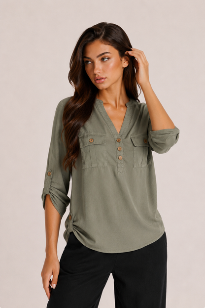 Utility Pocket Roll-Sleeve Blouse