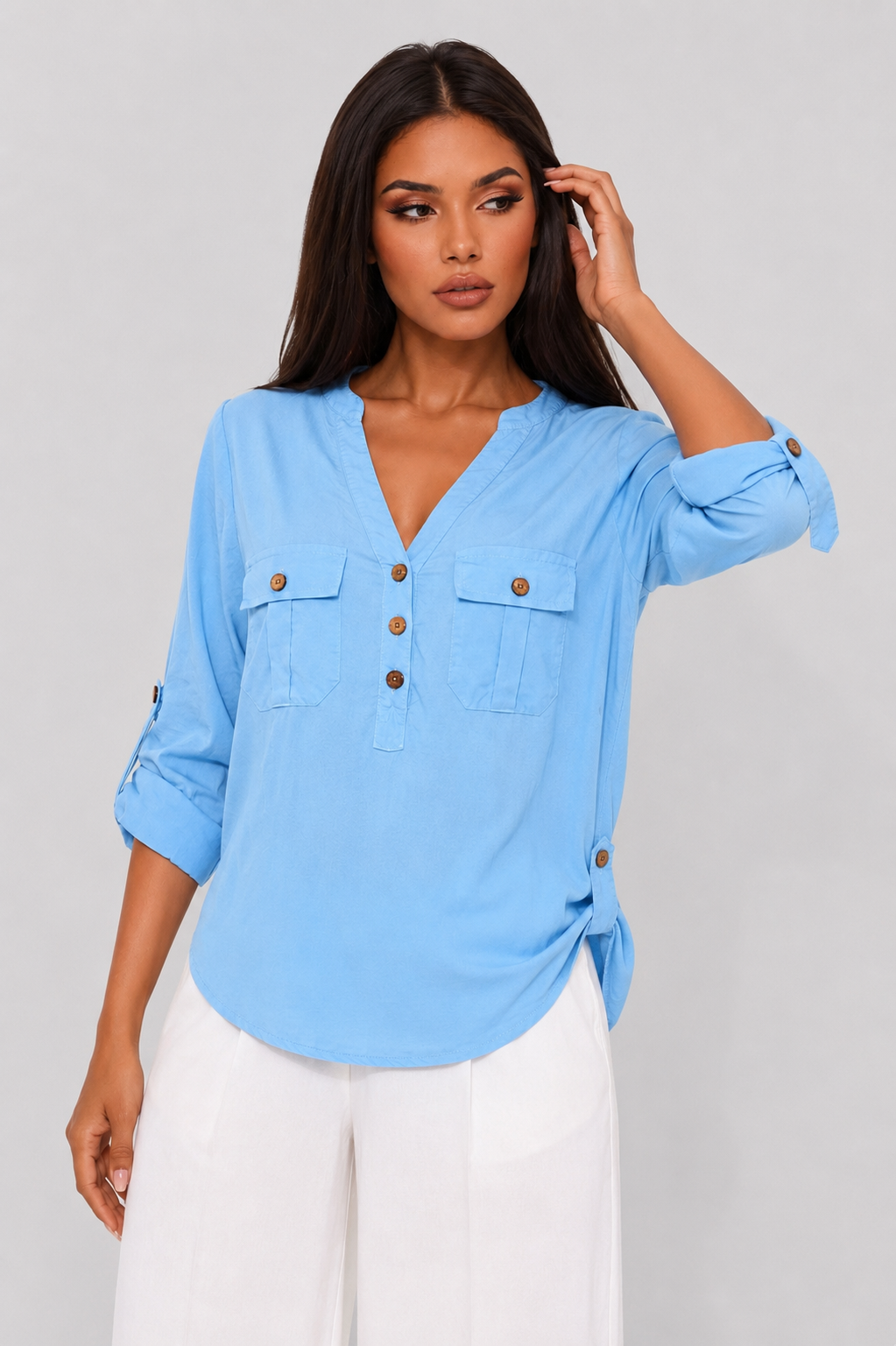 Utility Pocket Roll-Sleeve Blouse