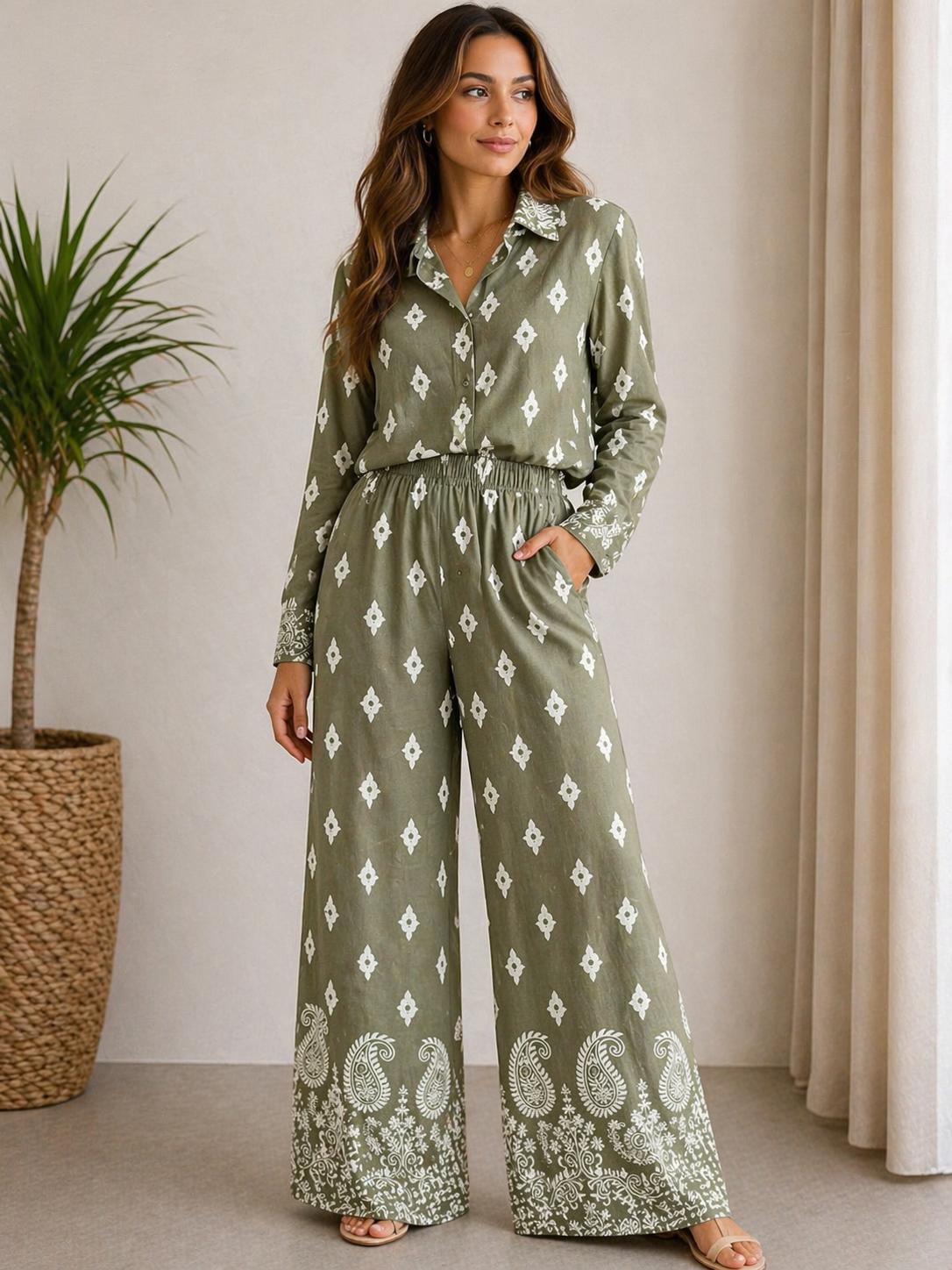 Women’s Leaf Print Wide Leg Co-Ord Set