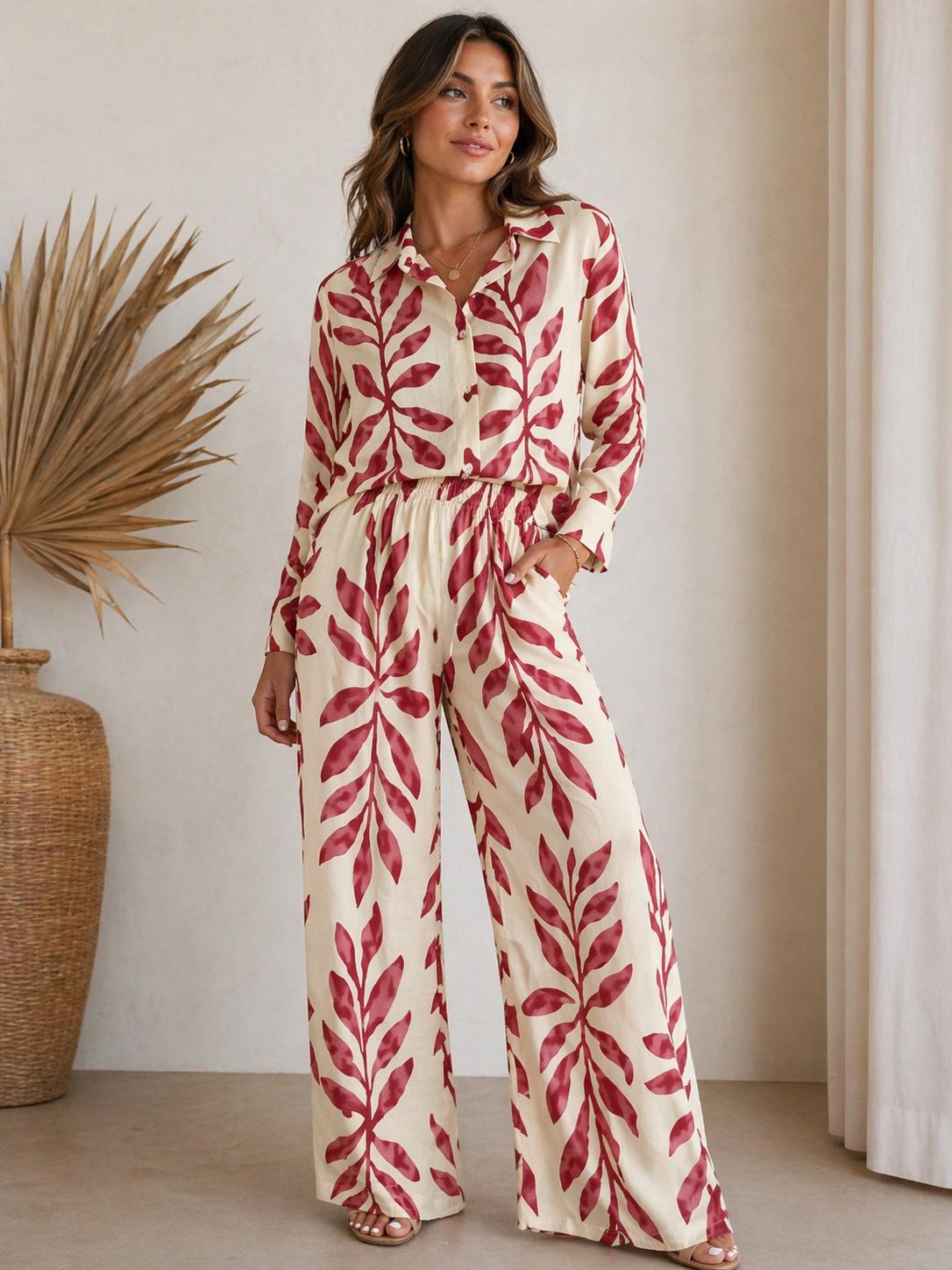 Women’s Leaf Print Wide Leg Co-Ord Set